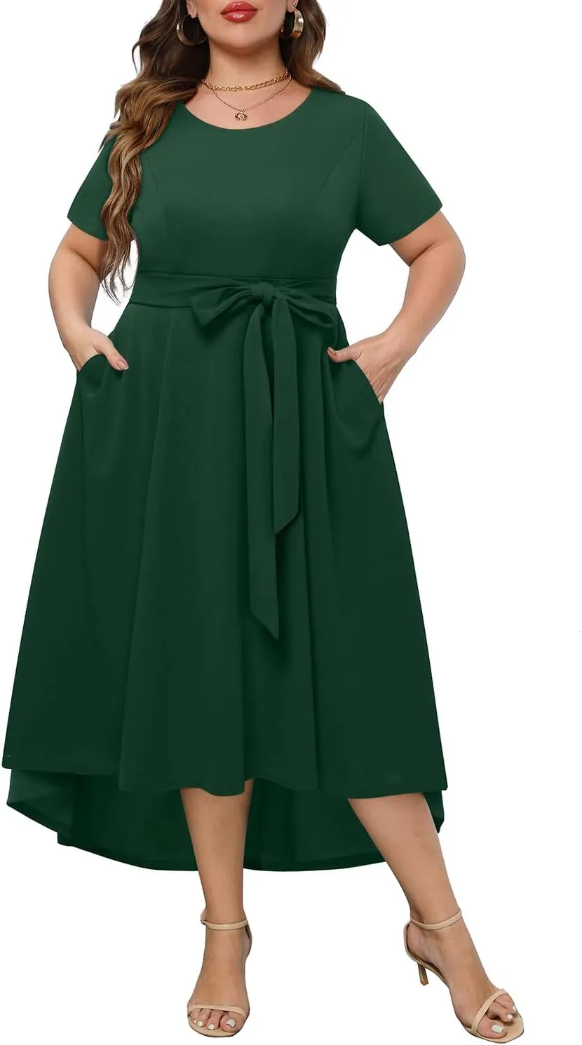 Holipick Women's Plus Size High Low Dress Wedding Guest Semi Formal Short Sleeves Long Cocktail Dresses with Pockets