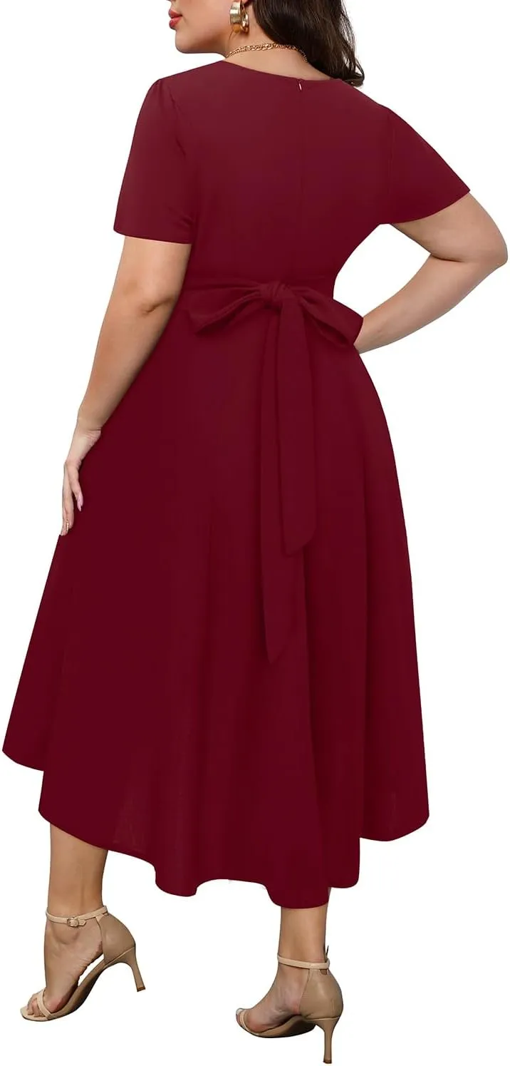 Holipick Women's Plus Size High Low Dress Wedding Guest Semi Formal Short Sleeves Long Cocktail Dresses with Pockets