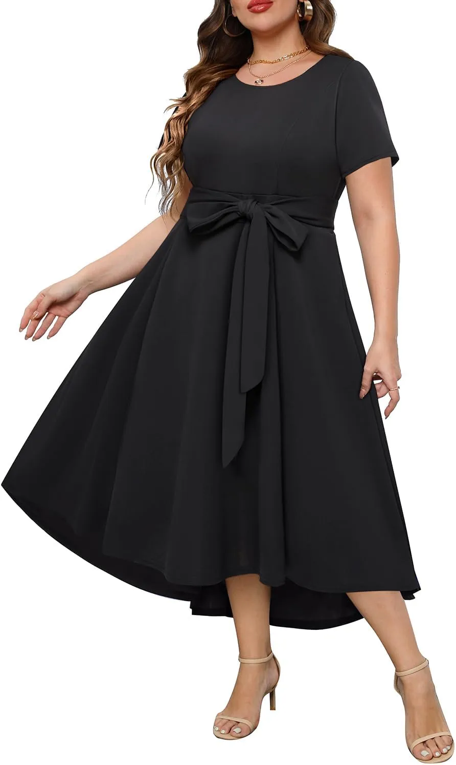 Holipick Women's Plus Size High Low Dress Wedding Guest Semi Formal Short Sleeves Long Cocktail Dresses with Pockets