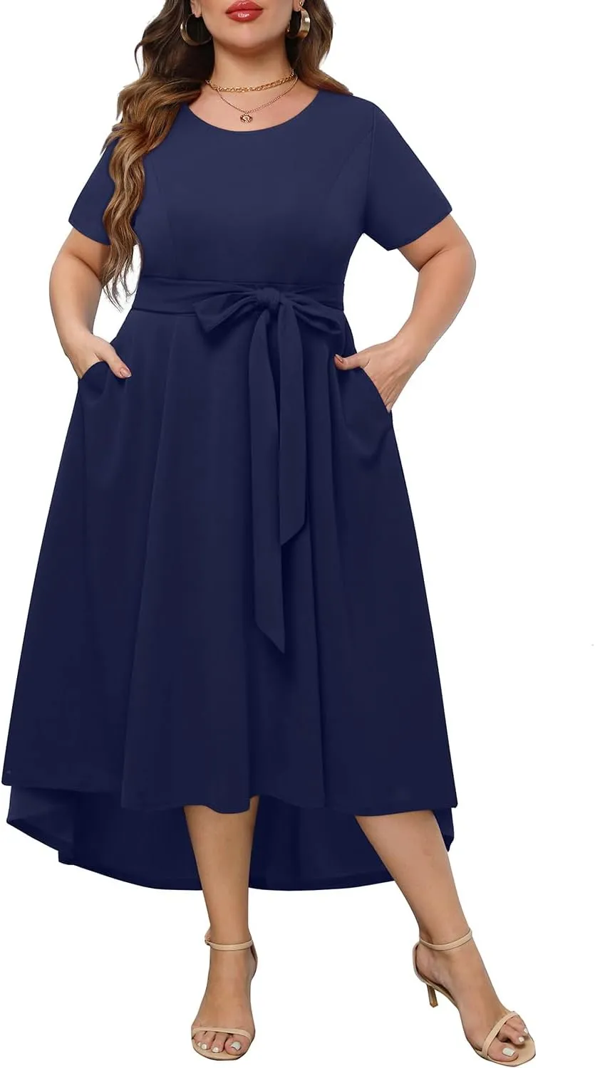 Holipick Women's Plus Size High Low Dress Wedding Guest Semi Formal Short Sleeves Long Cocktail Dresses with Pockets