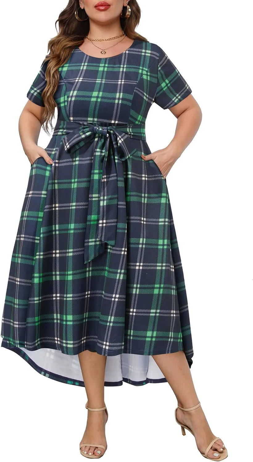 Holipick Women's Plus Size High Low Dress Wedding Guest Semi Formal Short Sleeves Long Cocktail Dresses with Pockets