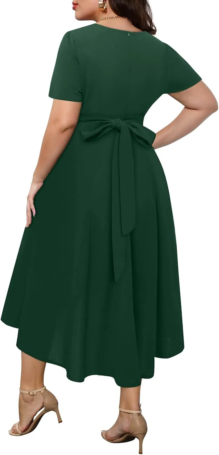 Holipick Women's Plus Size High Low Dress Wedding Guest Semi Formal Short Sleeves Long Cocktail Dresses with Pockets