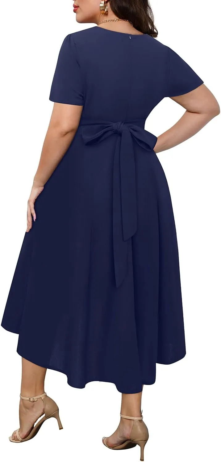 Holipick Women's Plus Size High Low Dress Wedding Guest Semi Formal Short Sleeves Long Cocktail Dresses with Pockets