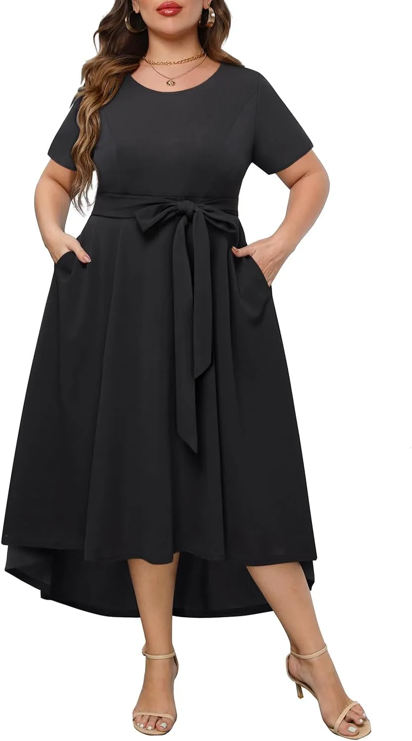 Holipick Women's Plus Size High Low Dress Wedding Guest Semi Formal Short Sleeves Long Cocktail Dresses with Pockets