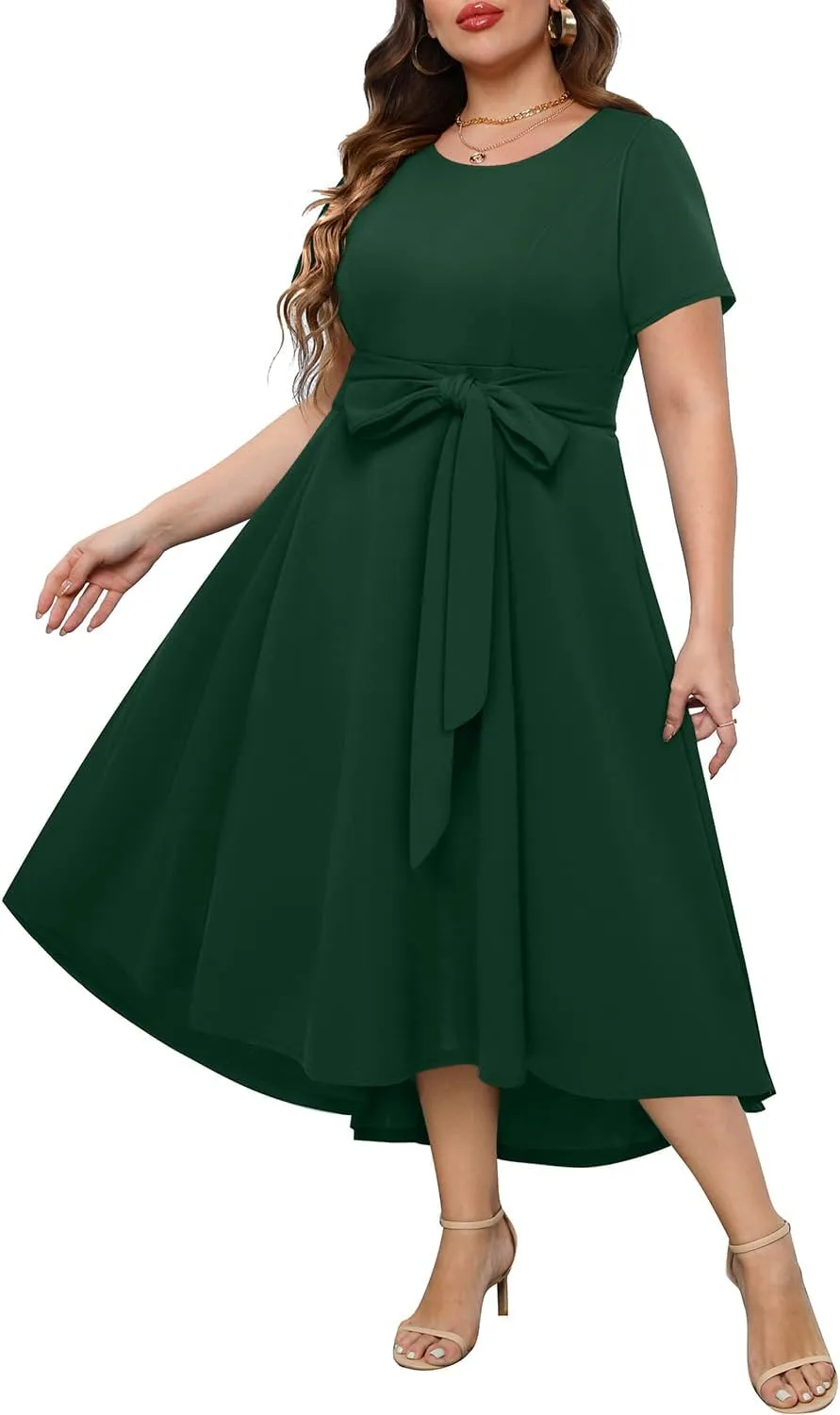 Holipick Women's Plus Size High Low Dress Wedding Guest Semi Formal Short Sleeves Long Cocktail Dresses with Pockets
