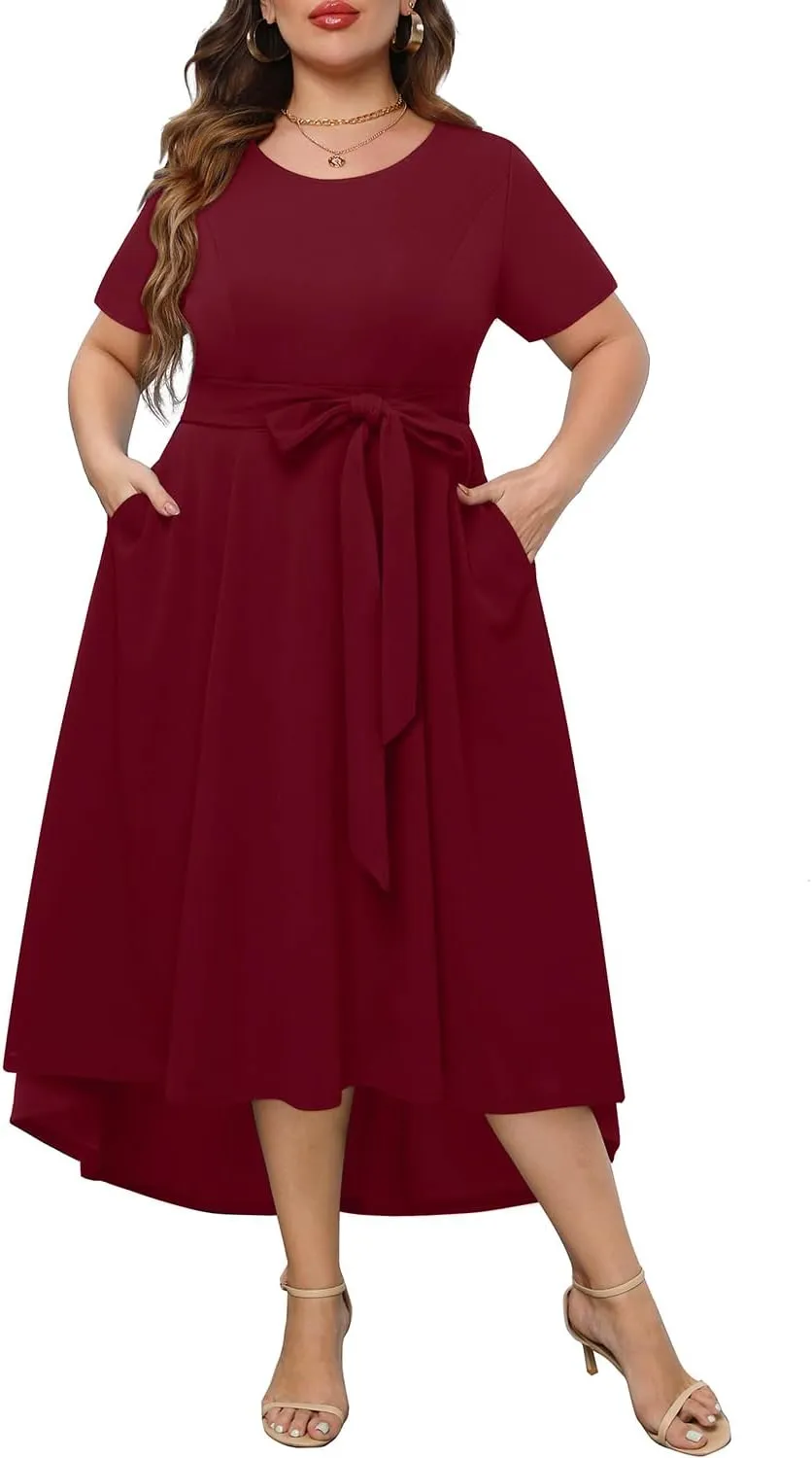 Holipick Women's Plus Size High Low Dress Wedding Guest Semi Formal Short Sleeves Long Cocktail Dresses with Pockets