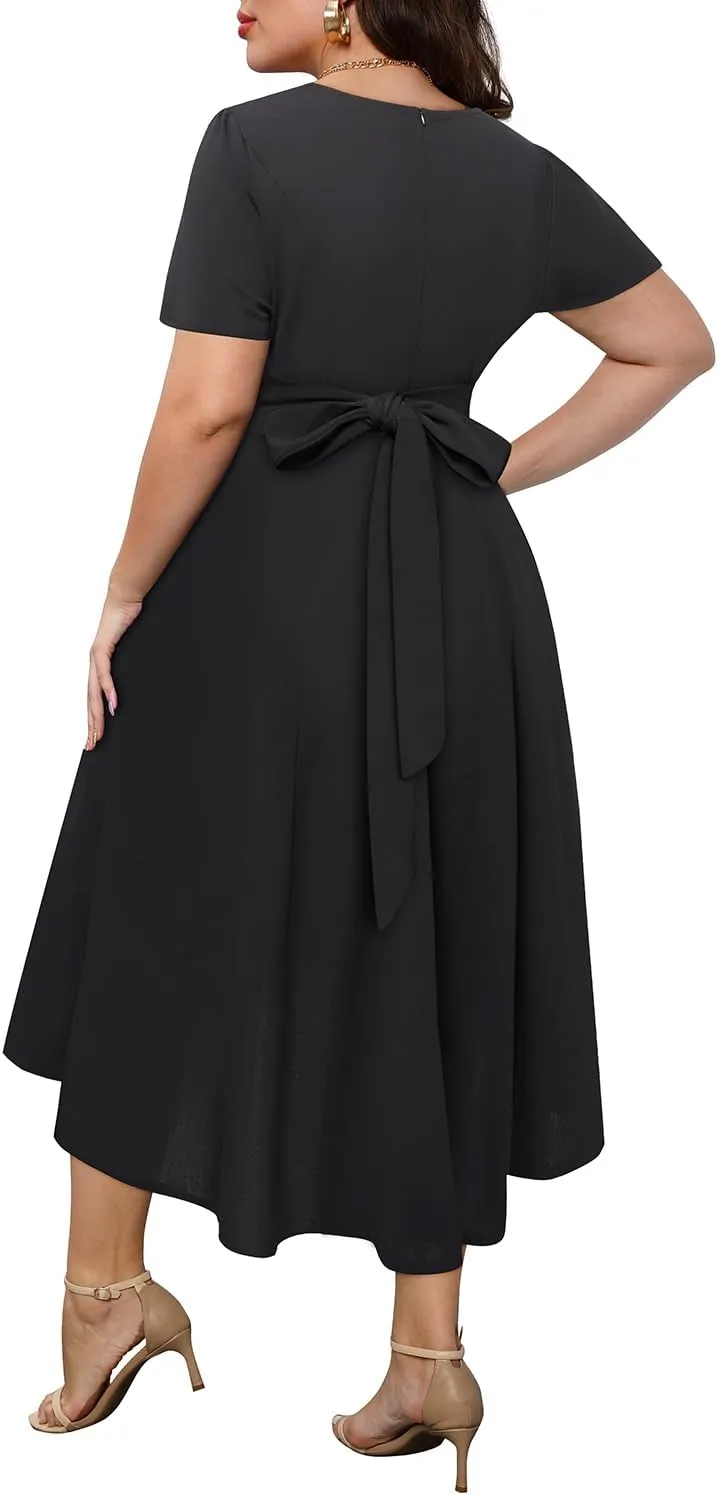 Holipick Women's Plus Size High Low Dress Wedding Guest Semi Formal Short Sleeves Long Cocktail Dresses with Pockets