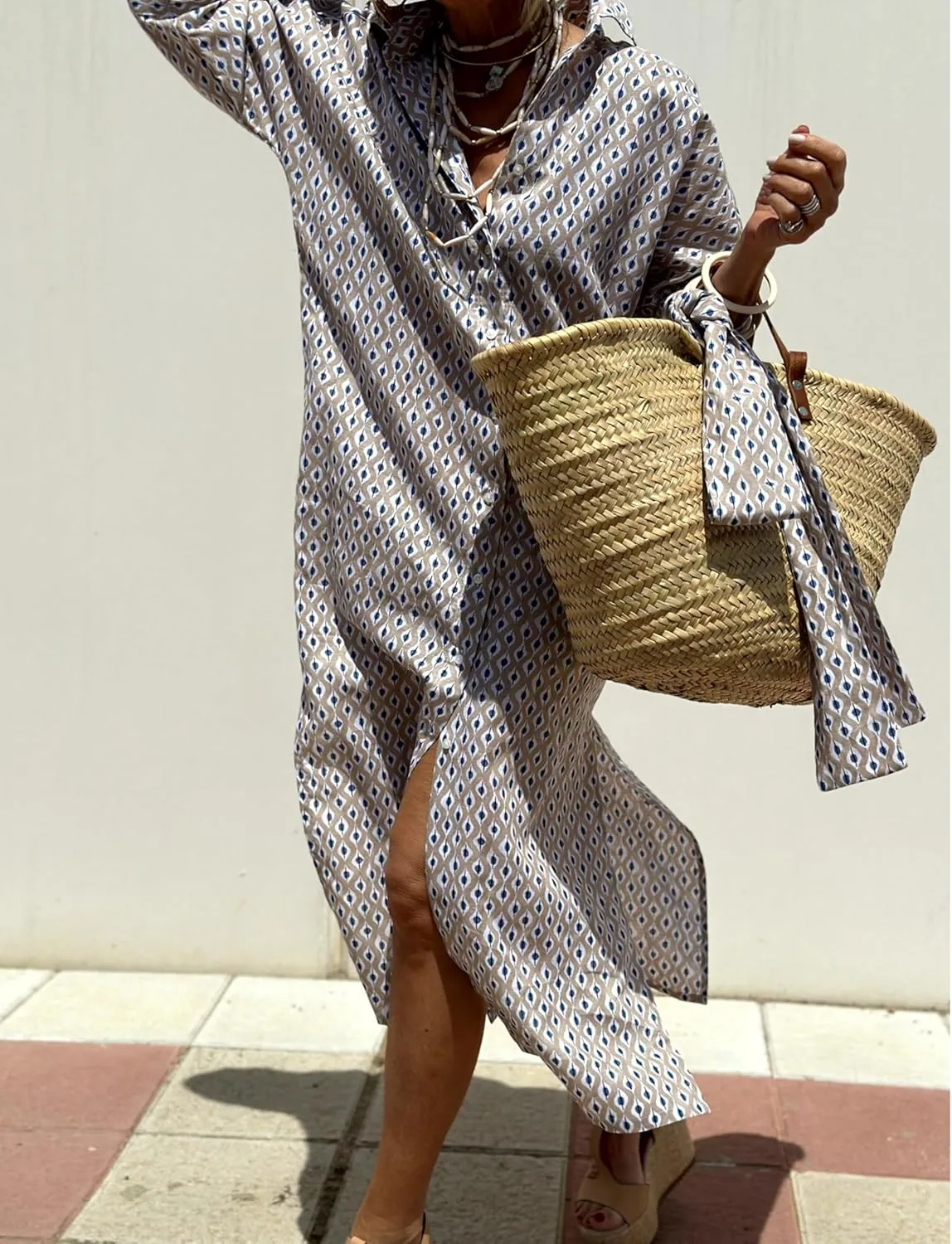 Hooever Shirt Dresses for Women Casual Long Sleeve Button Down Loose Striped Cotton Maxi Shirt Dress
