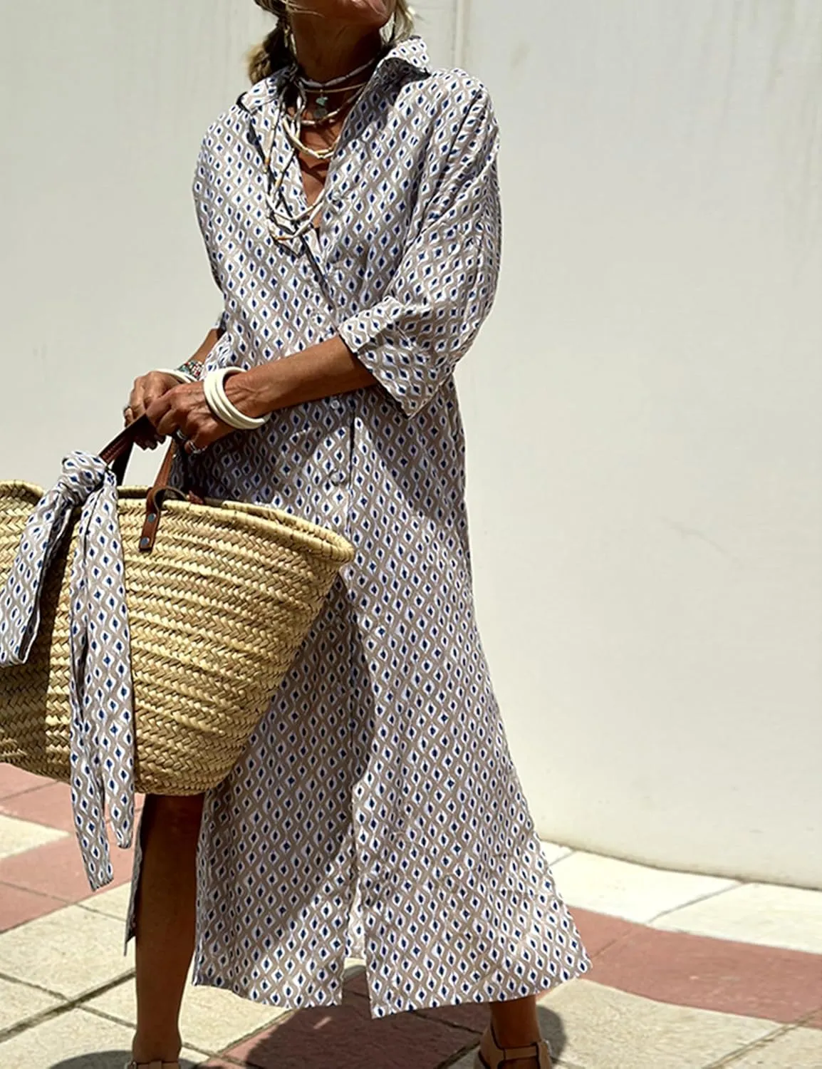 Hooever Shirt Dresses for Women Casual Long Sleeve Button Down Loose Striped Cotton Maxi Shirt Dress