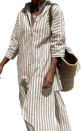 Hooever Shirt Dresses for Women Casual Long Sleeve Button Down Loose Striped Cotton Maxi Shirt Dress