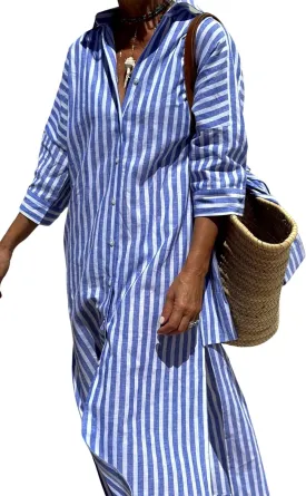 Hooever Shirt Dresses for Women Casual Long Sleeve Button Down Loose Striped Cotton Maxi Shirt Dress