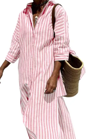 Hooever Shirt Dresses for Women Casual Long Sleeve Button Down Loose Striped Cotton Maxi Shirt Dress