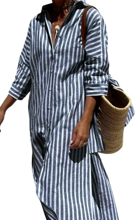 Hooever Shirt Dresses for Women Casual Long Sleeve Button Down Loose Striped Cotton Maxi Shirt Dress