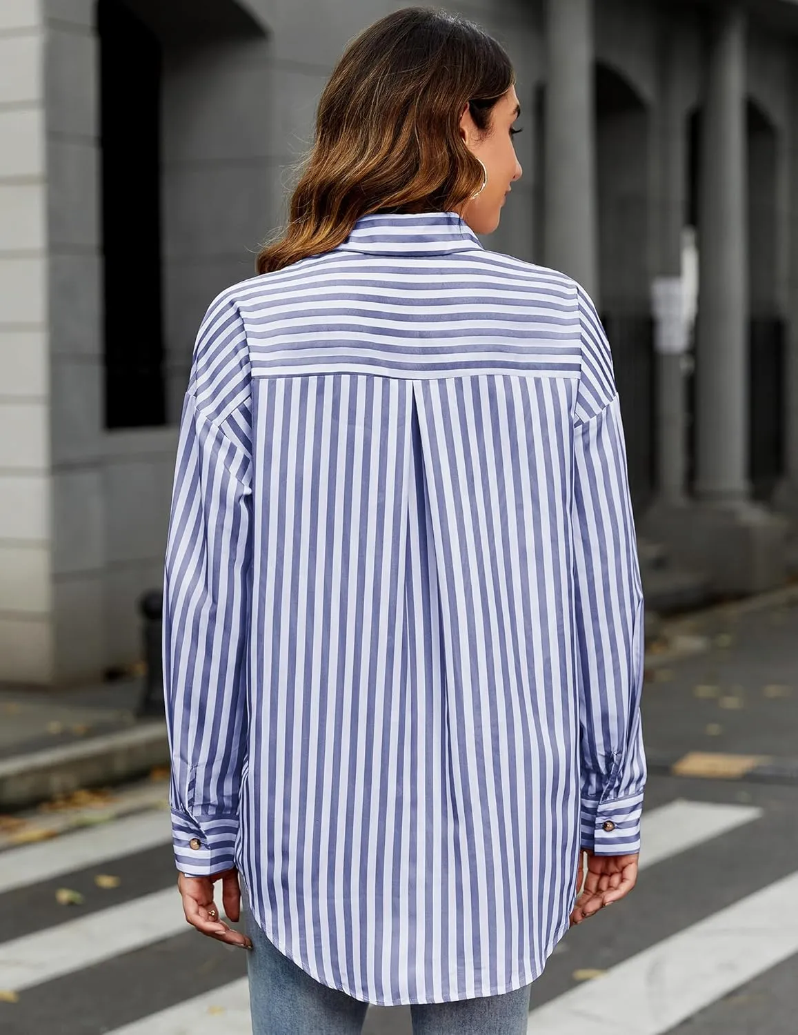 HOTOUCH Women's Striped Button Down Shirts Casual Long Sleeve Boyfriend Loose Collared Blouses Tops