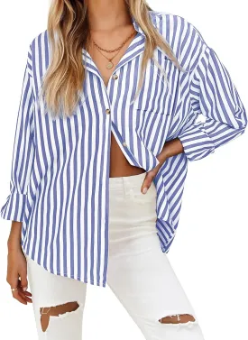 HOTOUCH Women's Striped Button Down Shirts Casual Long Sleeve Boyfriend Loose Collared Blouses Tops