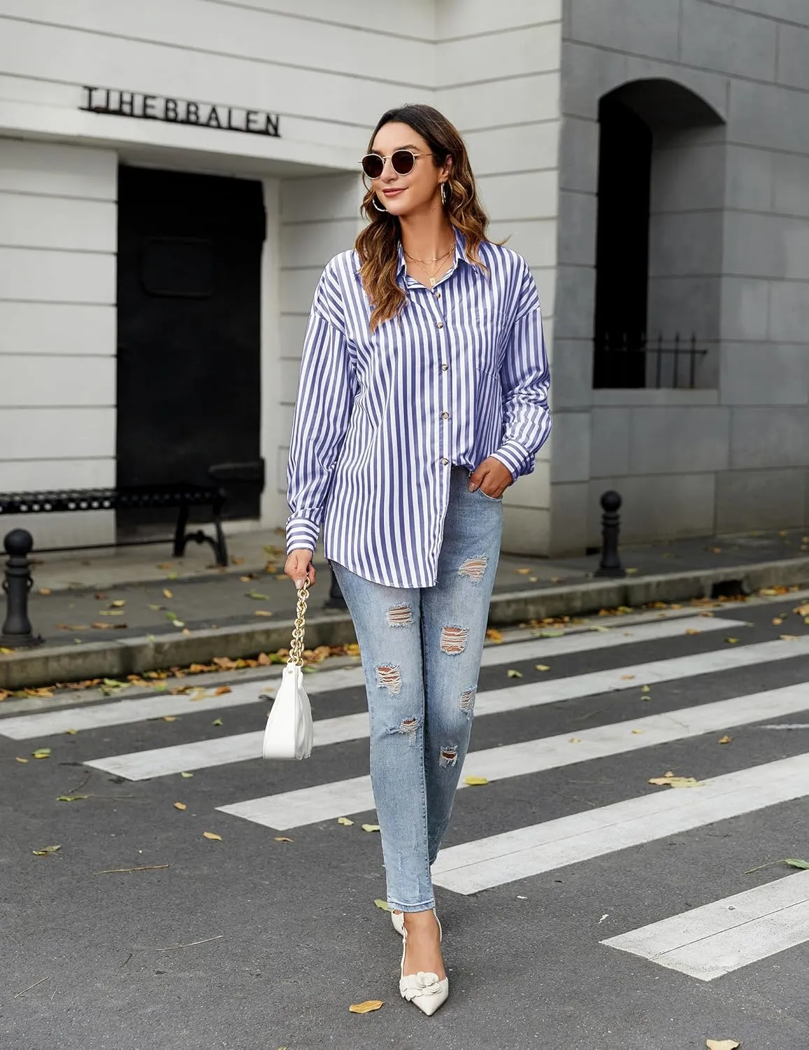 HOTOUCH Women's Striped Button Down Shirts Casual Long Sleeve Boyfriend Loose Collared Blouses Tops