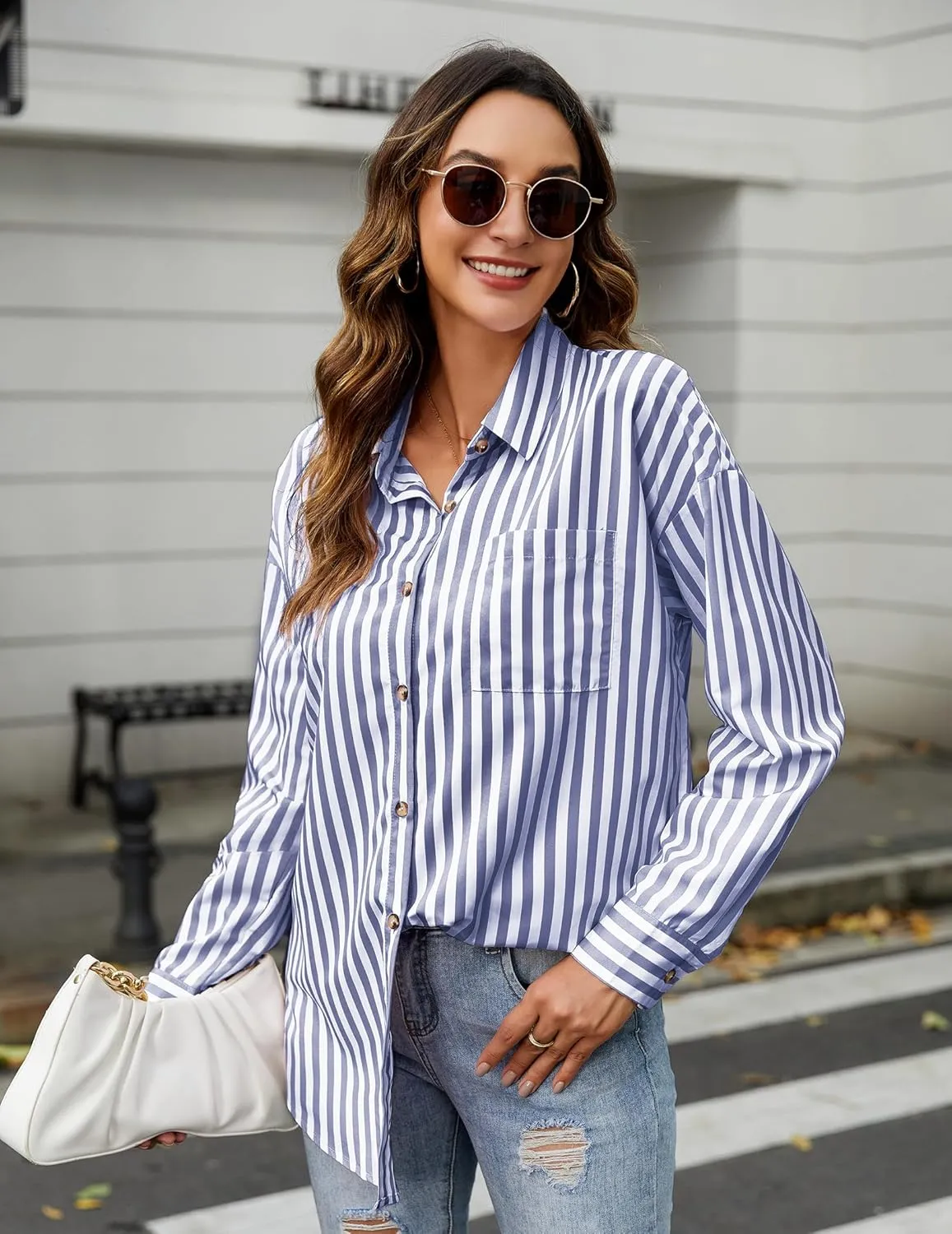 HOTOUCH Women's Striped Button Down Shirts Casual Long Sleeve Boyfriend Loose Collared Blouses Tops
