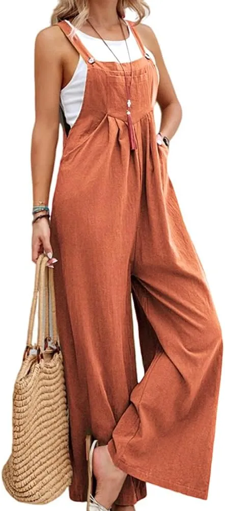 IDEALSANXUN Wide Leg Overalls for Womens Casual Cotton Linen Baggy Loose Maternity Summer Beach Jumpsuits Romper