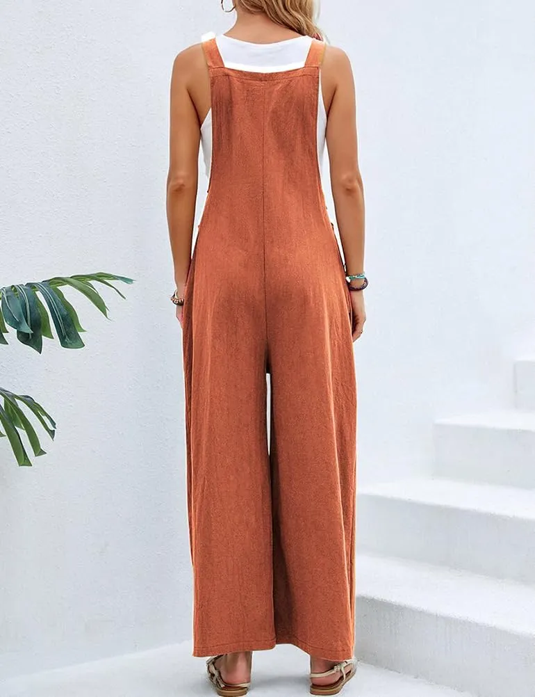 IDEALSANXUN Wide Leg Overalls for Womens Casual Cotton Linen Baggy Loose Maternity Summer Beach Jumpsuits Romper