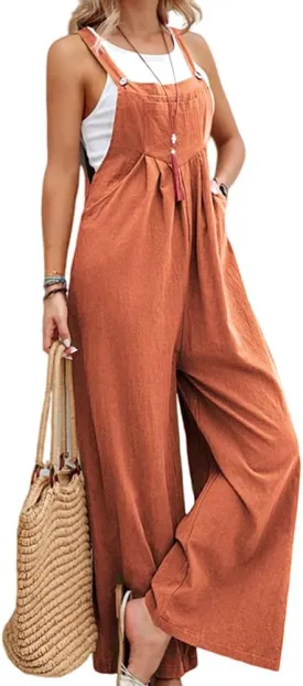 IDEALSANXUN Wide Leg Overalls for Womens Casual Cotton Linen Baggy Loose Maternity Summer Beach Jumpsuits Romper