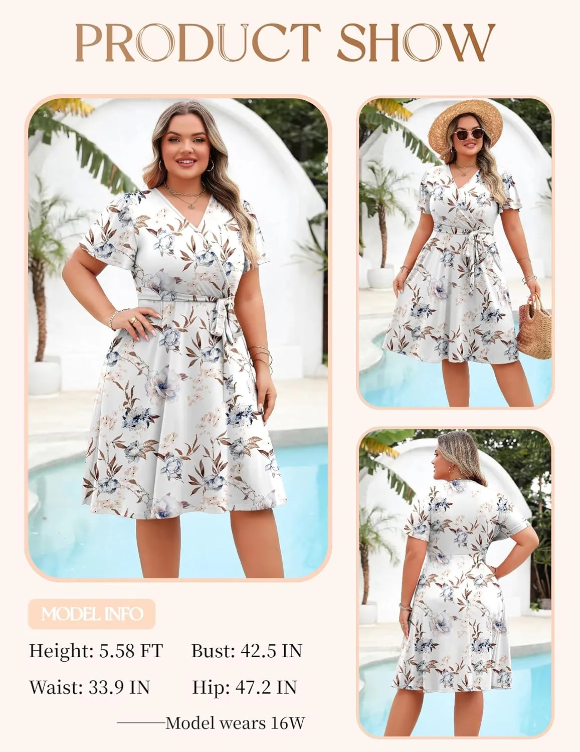 IN'VOLAND Women's Plus Size V Neck Knee Length Dress Casual Floral Dresses Summer Short Sleeve Sundress with Pockets