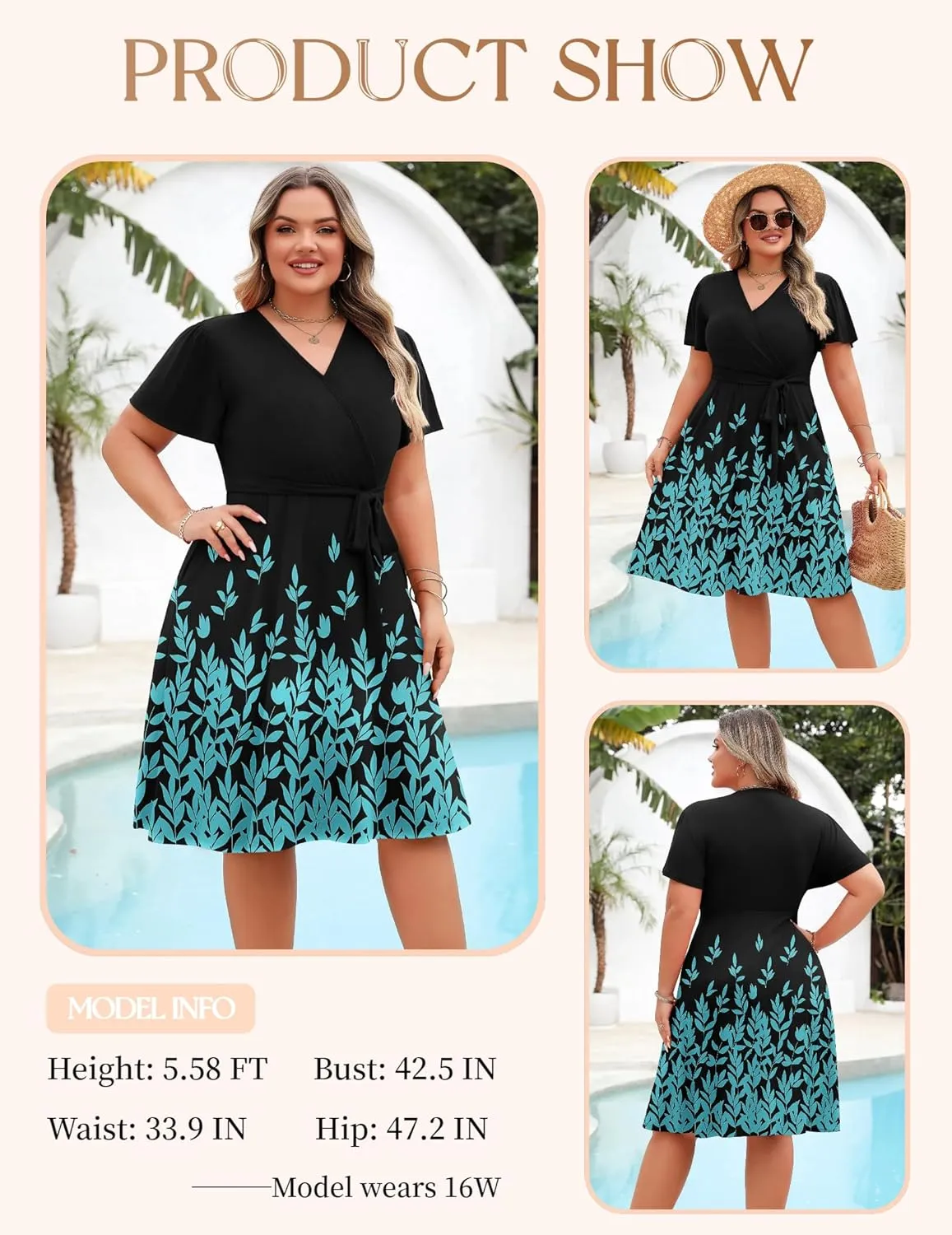IN'VOLAND Women's Plus Size V Neck Knee Length Dress Casual Floral Dresses Summer Short Sleeve Sundress with Pockets