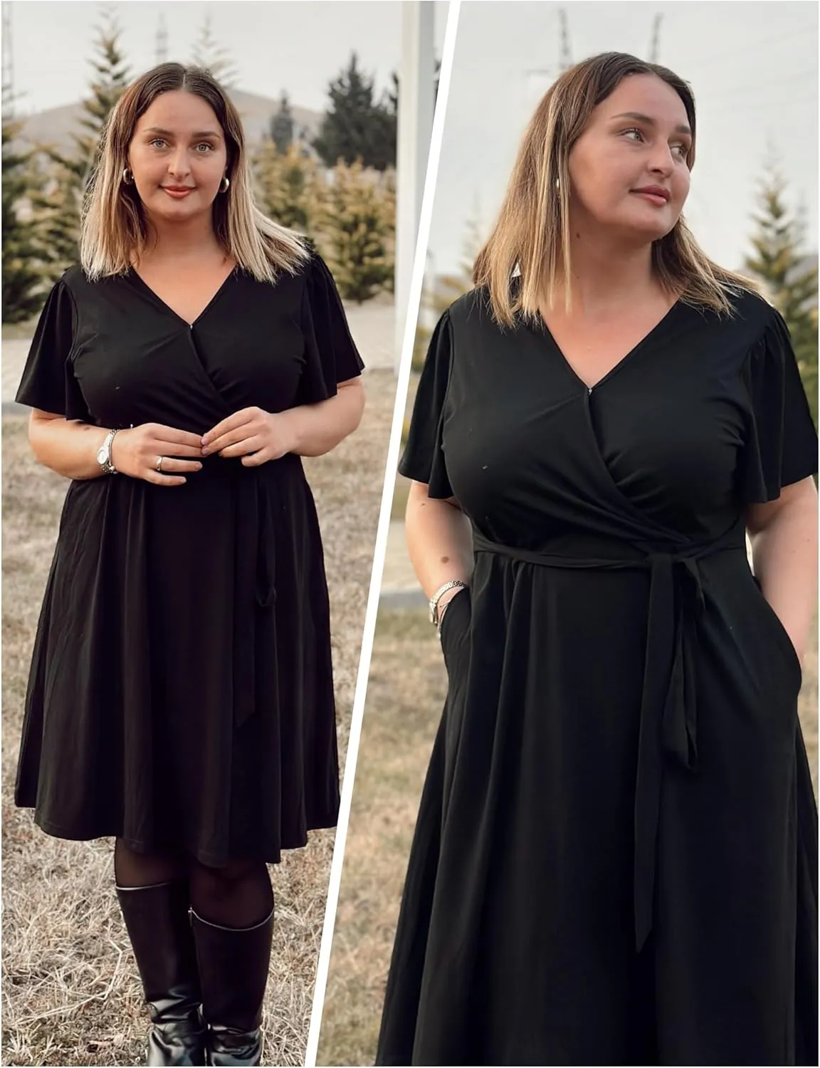 IN'VOLAND Women's Plus Size V Neck Knee Length Dress Casual Floral Dresses Summer Short Sleeve Sundress with Pockets