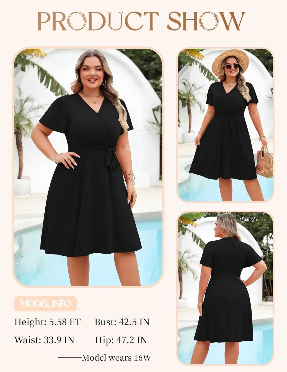 IN'VOLAND Women's Plus Size V Neck Knee Length Dress Casual Floral Dresses Summer Short Sleeve Sundress with Pockets