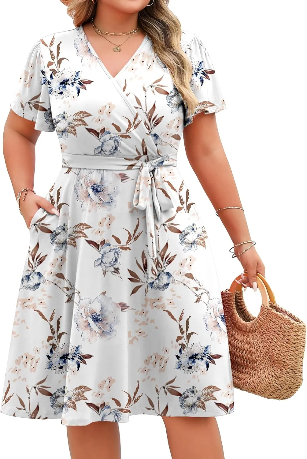 IN'VOLAND Women's Plus Size V Neck Knee Length Dress Casual Floral Dresses Summer Short Sleeve Sundress with Pockets