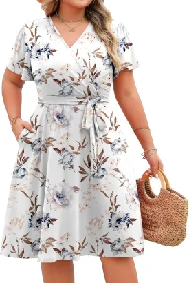 IN'VOLAND Women's Plus Size V Neck Knee Length Dress Casual Floral Dresses Summer Short Sleeve Sundress with Pockets