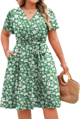 IN'VOLAND Women's Plus Size V Neck Knee Length Dress Casual Floral Dresses Summer Short Sleeve Sundress with Pockets