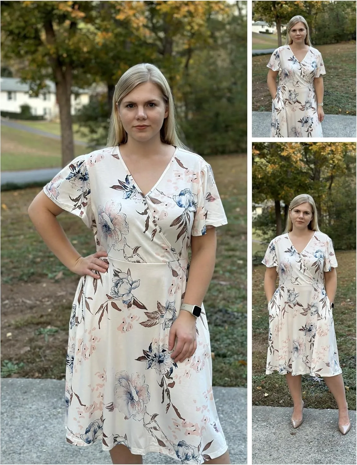 IN'VOLAND Women's Plus Size V Neck Knee Length Dress Casual Floral Dresses Summer Short Sleeve Sundress with Pockets