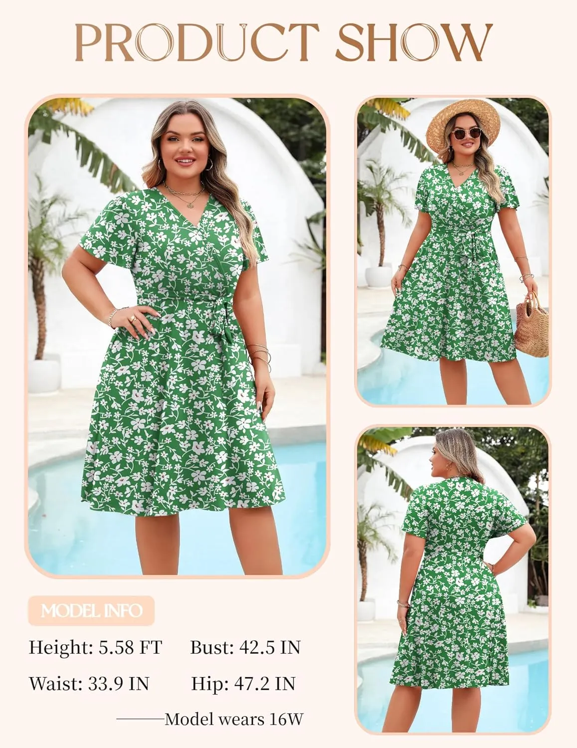 IN'VOLAND Women's Plus Size V Neck Knee Length Dress Casual Floral Dresses Summer Short Sleeve Sundress with Pockets
