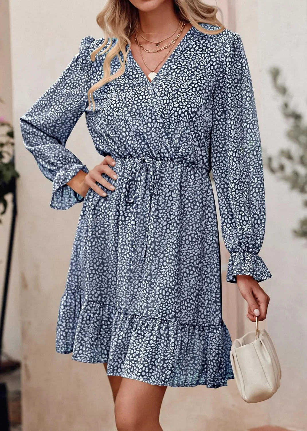 KIRUNDO Women Casual Summer Fall Dresses Long Sleeve Floral Wrap V Neck High Waist Ruffle Tiered A Line Flowy Mini Dress