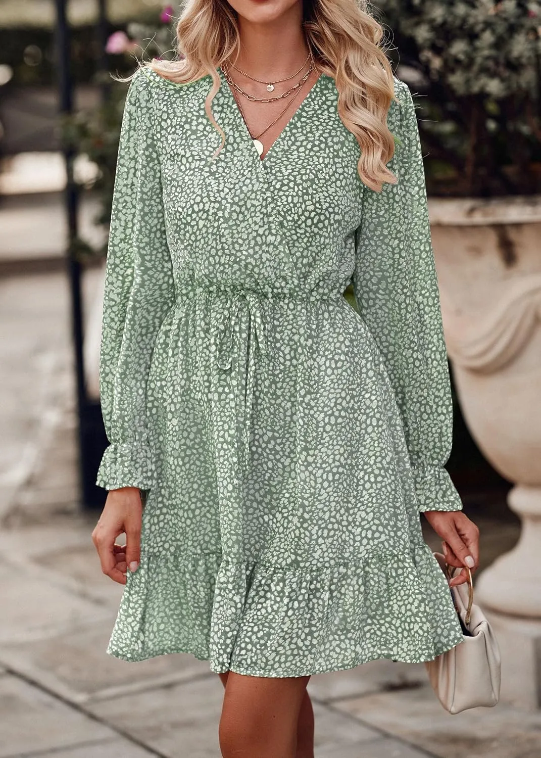KIRUNDO Women Casual Summer Fall Dresses Long Sleeve Floral Wrap V Neck High Waist Ruffle Tiered A Line Flowy Mini Dress