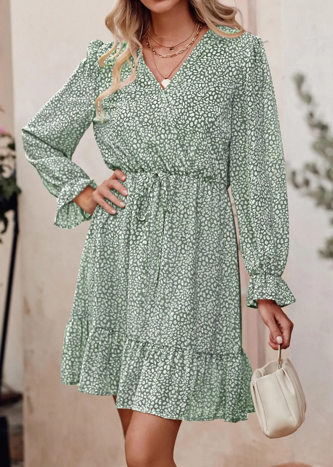 KIRUNDO Women Casual Summer Fall Dresses Long Sleeve Floral Wrap V Neck High Waist Ruffle Tiered A Line Flowy Mini Dress