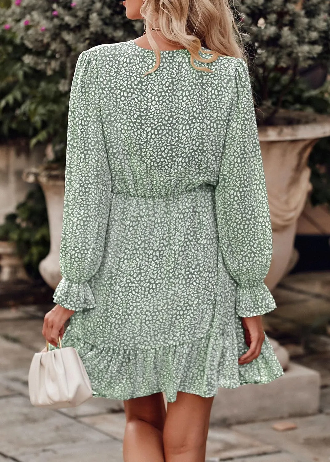 KIRUNDO Women Casual Summer Fall Dresses Long Sleeve Floral Wrap V Neck High Waist Ruffle Tiered A Line Flowy Mini Dress