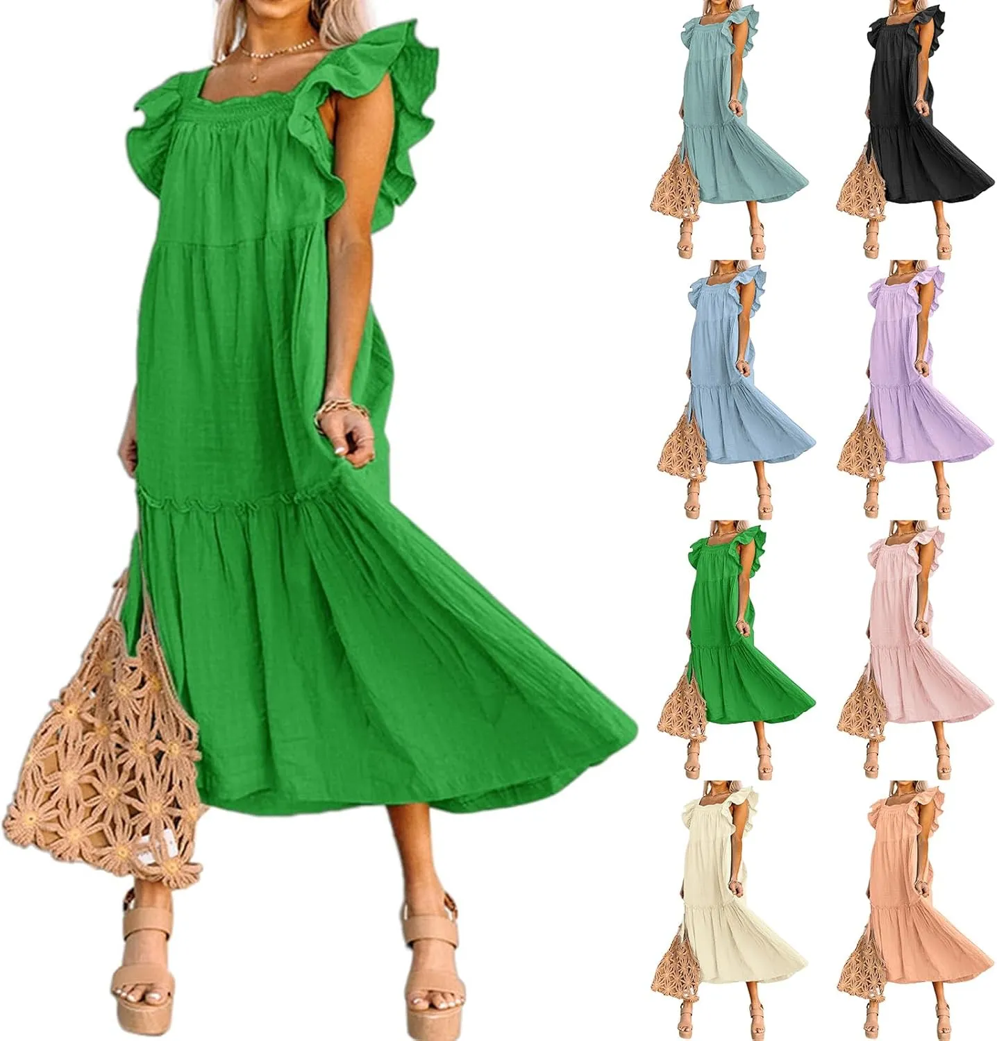 Kubbon Womens Summer Casual Off Shoulder Maxi Dress Puff Sleeve Smocked Ruffle Dresses Pleated Hem Long Dress
