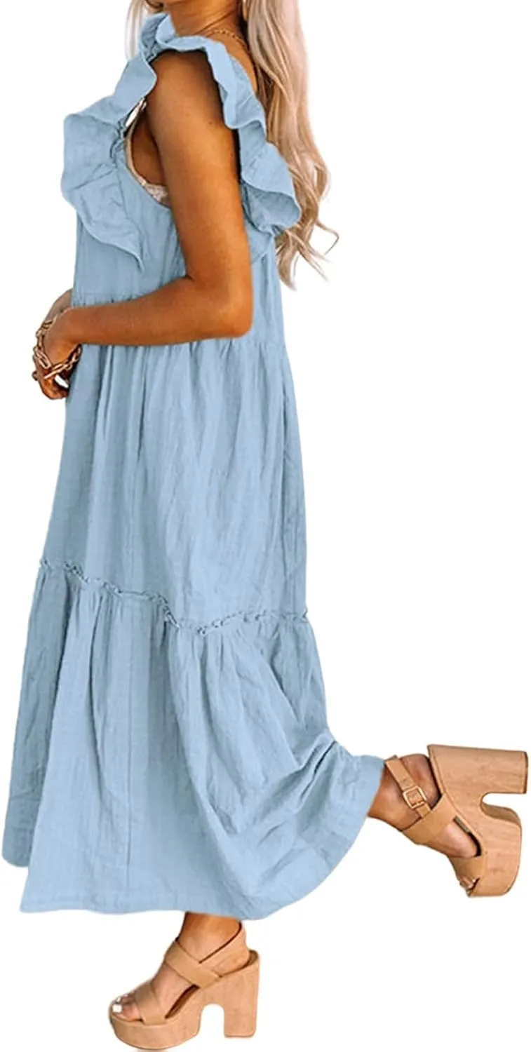 Kubbon Womens Summer Casual Off Shoulder Maxi Dress Puff Sleeve Smocked Ruffle Dresses Pleated Hem Long Dress