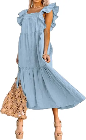 Kubbon Womens Summer Casual Off Shoulder Maxi Dress Puff Sleeve Smocked Ruffle Dresses Pleated Hem Long Dress