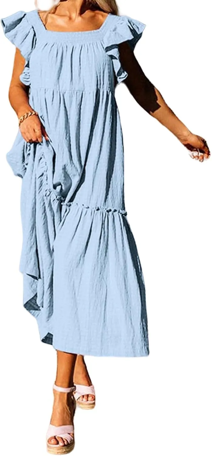 Kubbon Womens Summer Casual Off Shoulder Maxi Dress Puff Sleeve Smocked Ruffle Dresses Pleated Hem Long Dress