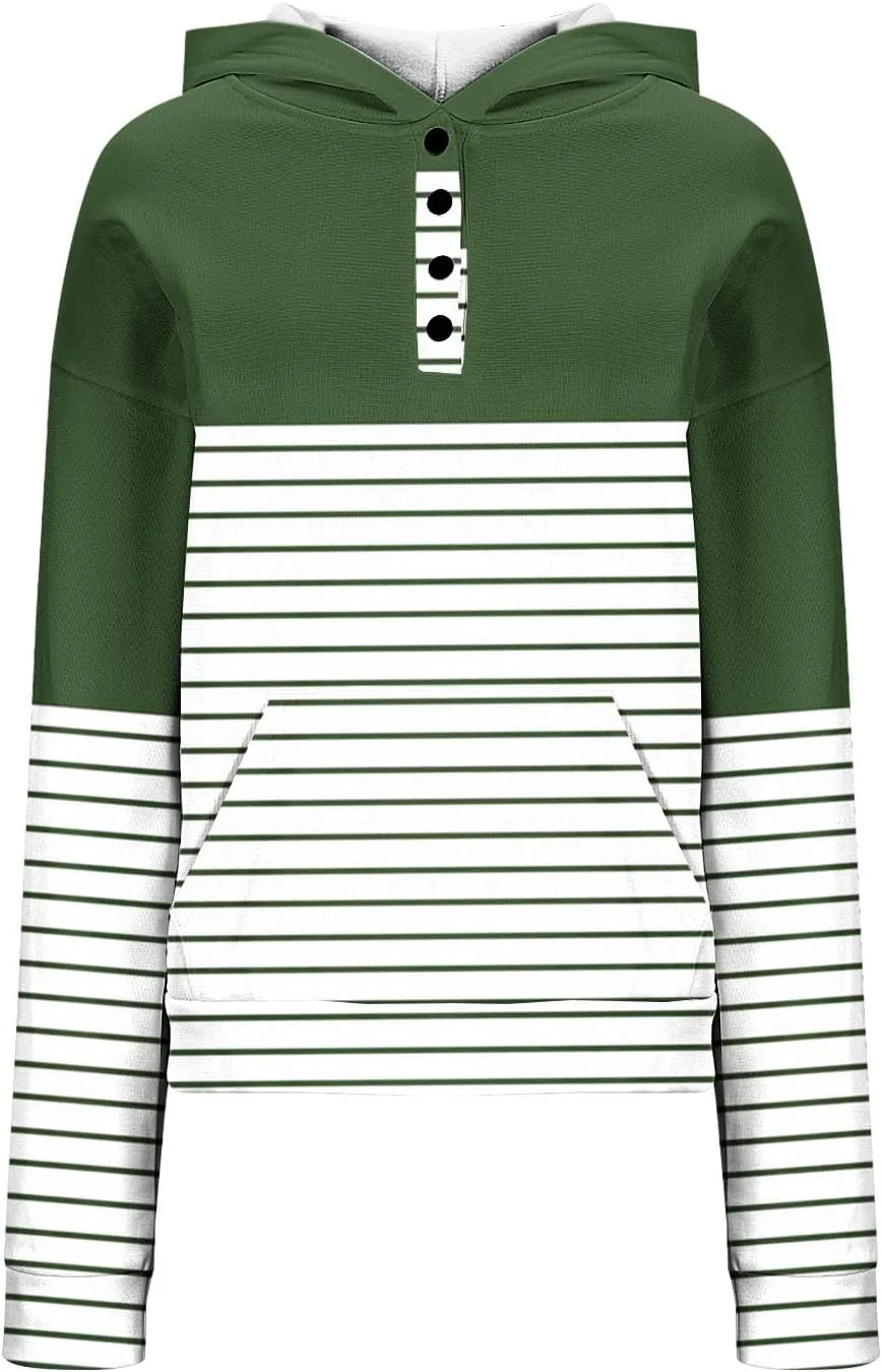 Ladies Stripes Hoodie Women Color Block Hoody Shirt Sweatshirt V Neck Sweater Top with Buttons Long Sleeve Pullover