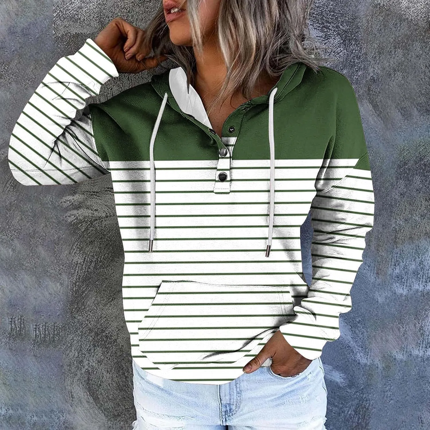 Ladies Stripes Hoodie Women Color Block Hoody Shirt Sweatshirt V Neck Sweater Top with Buttons Long Sleeve Pullover