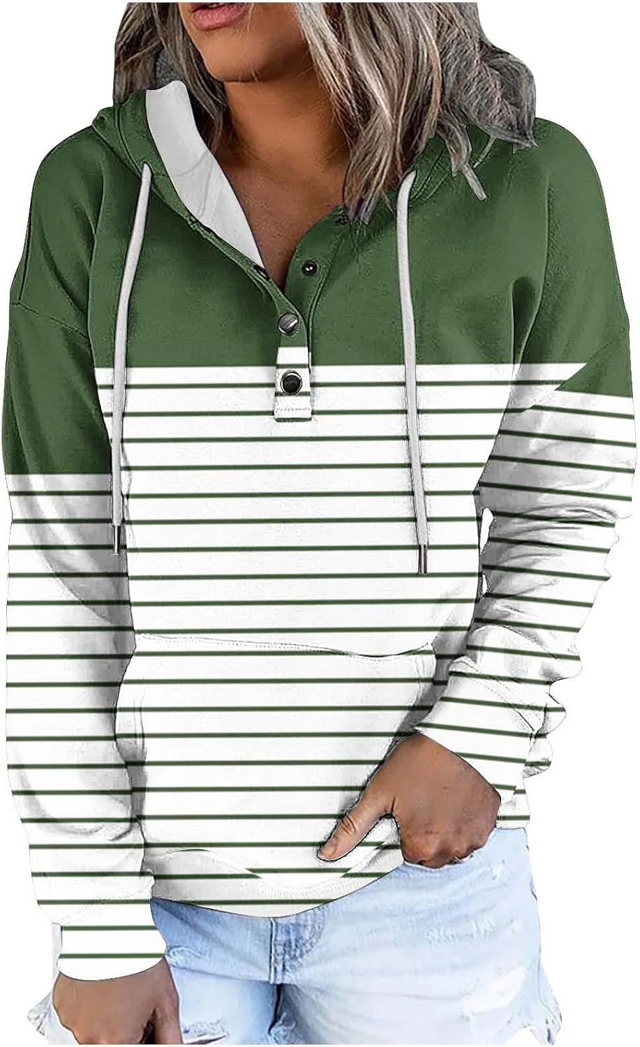 Ladies Stripes Hoodie Women Color Block Hoody Shirt Sweatshirt V Neck Sweater Top with Buttons Long Sleeve Pullover