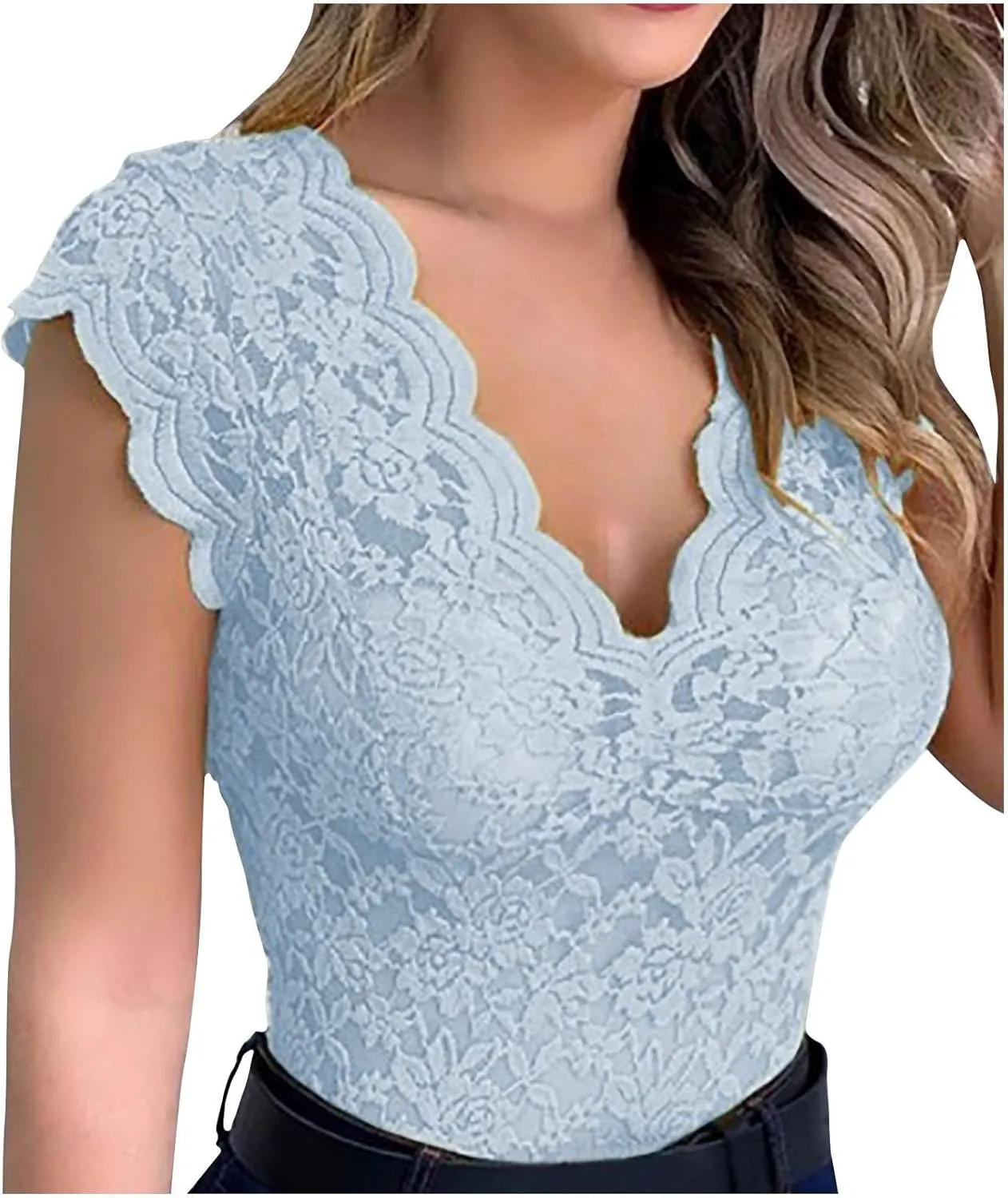 Lastesso Tank Tops Women Trendy Lace Sexy Summer Tops Deep V Neck Sleeveless Slim Fitted Tanks Fashion Going Out Clothes