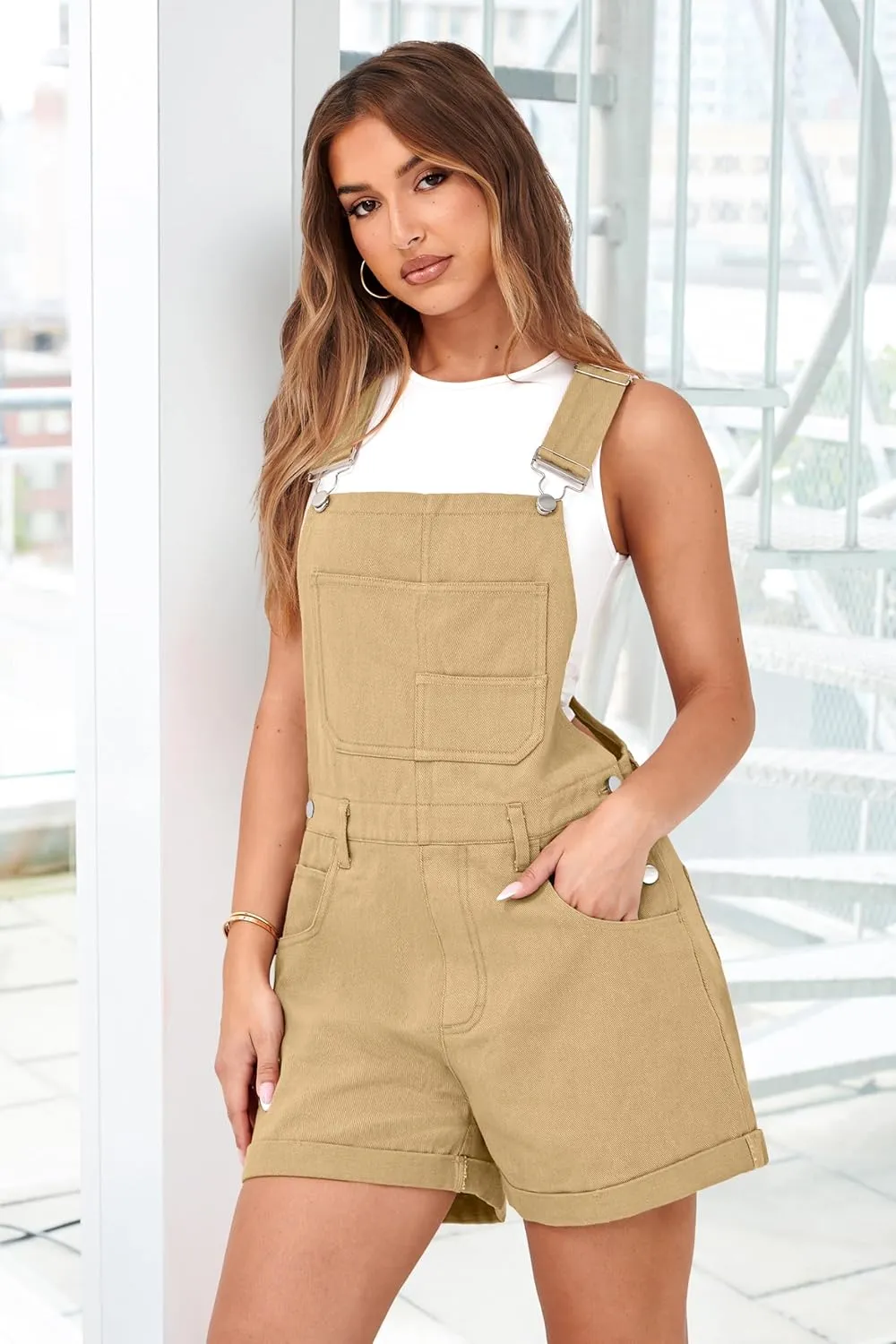Lepunuo Rompers for Women Denim Overalls Summer Adjustable Casual Loose Fit Bib Jeans Short Jumpsuits Outfits