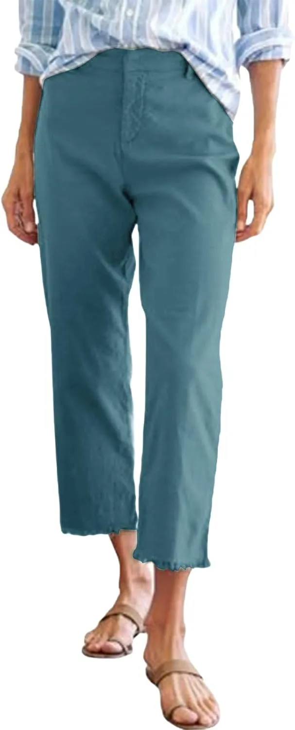 Linen Capris for Women High Waisted Fashion Business Dressy Pants Plus Size Straight Leg Zipper Fly Casual Summer Trousers