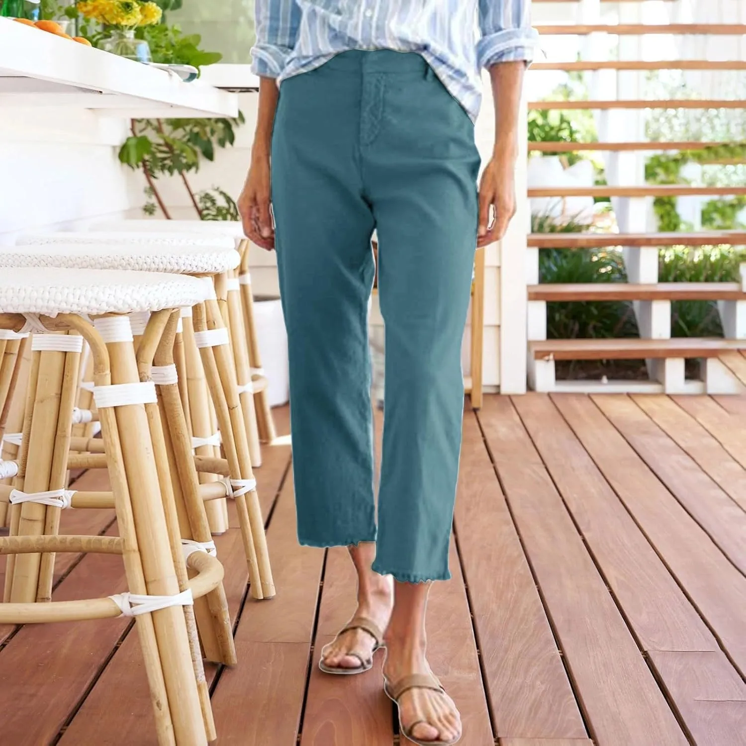 Linen Capris for Women High Waisted Fashion Business Dressy Pants Plus Size Straight Leg Zipper Fly Casual Summer Trousers