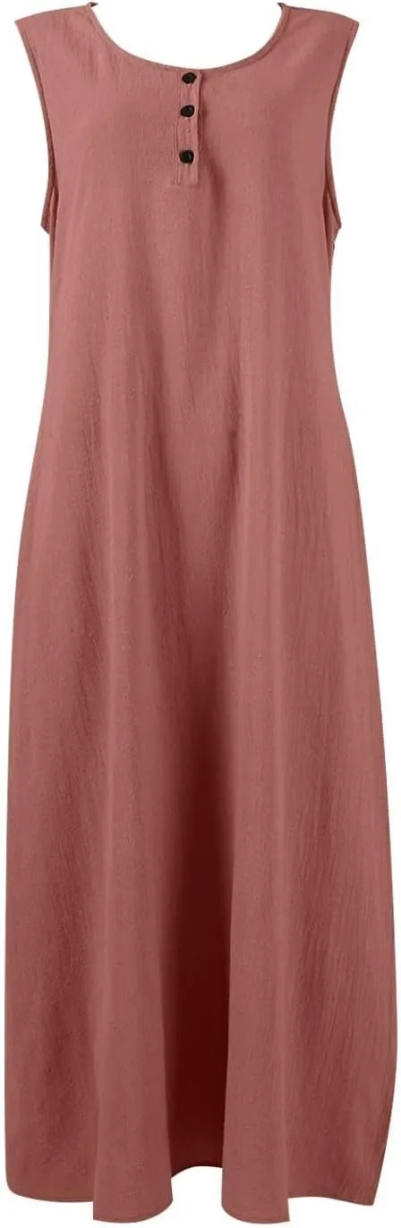 Linen Cotton Beach Dress for Women 2025 Summer Button Shirt Dress Casual Round Neck Dressy Trendy Long Dresses