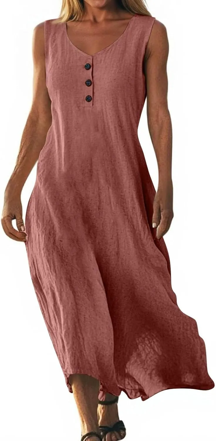 Linen Cotton Beach Dress for Women 2025 Summer Button Shirt Dress Casual Round Neck Dressy Trendy Long Dresses